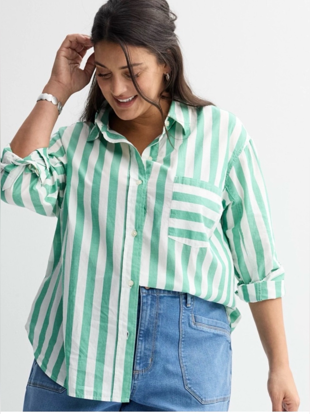 NWOT Sonoma 100%Cotton Green & White Vertical Stripe Button-Down Shirt